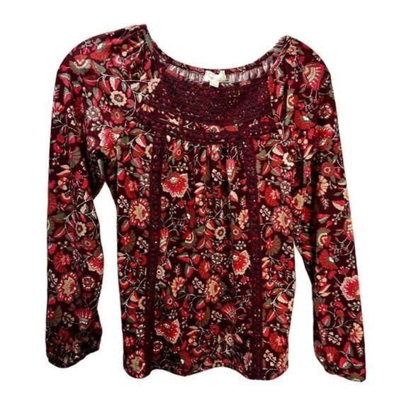 Boho Floral Print Long Sleeve Blouse With Crochet Detail Womens Size L By Inseta - Picture 1 of 5